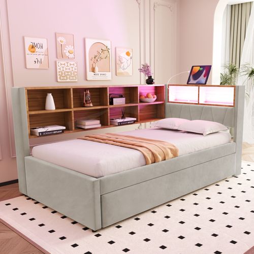 Lit Enfant Lit Gigogne 90x200/90x190cm, Avec LED, Prises Et Nombreux Rangements, Flanelle Gris Clair