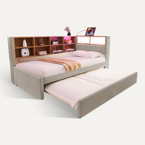 Lit Enfant Lit Gigogne 90x200/90x190cm, Avec LED, Prises Et Nombreux Rangements, Flanelle Gris Clair