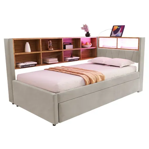 Lit Enfant Lit Gigogne 90x200/90x190cm, Avec LED, Prises Et Nombreux Rangements, Flanelle Gris Clair