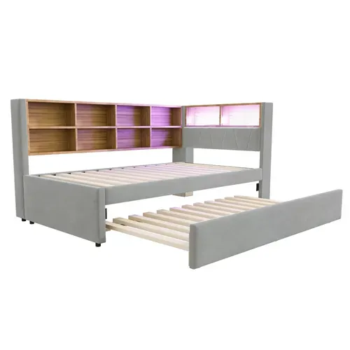 Lit Enfant Lit Gigogne 90x200/90x190cm, Avec LED, Prises Et Nombreux Rangements, Flanelle Gris Clair