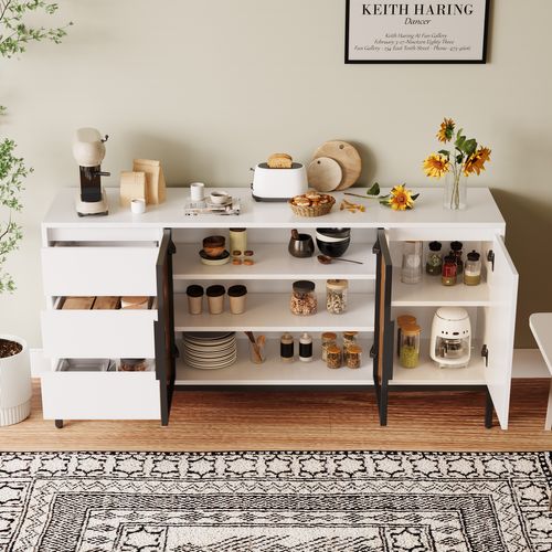 Buffet, 3 Portes, 3 Tiroirs, Blanc, 160x40x80 Cm