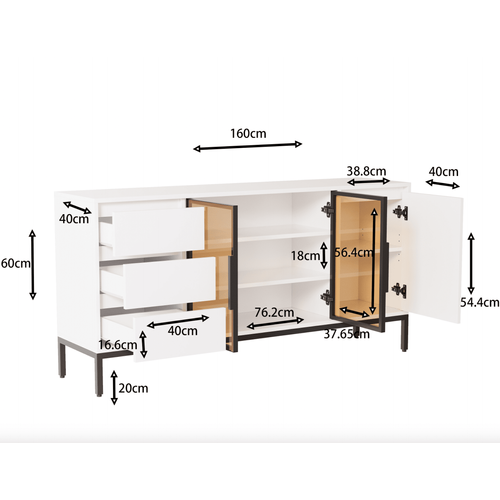 Buffet, 3 Portes, 3 Tiroirs, Blanc, 160x40x80 Cm