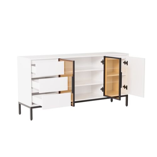 Buffet, 3 Portes, 3 Tiroirs, Blanc, 160x40x80 Cm