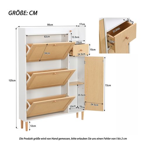 Meuble à Chaussures Rotin, 3 Portes Basculantes Et 1 Petit Tiroir, 90x17x125 Cm, Naturel Et Blanc