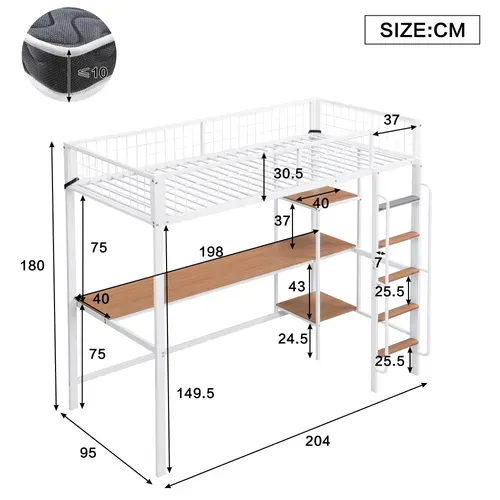 Lit Mezzanine Enfant 90x200cm, Bureau Et Étagères, Échelle à 5 Marches, Fer + Mdf, Blanc + Naturel