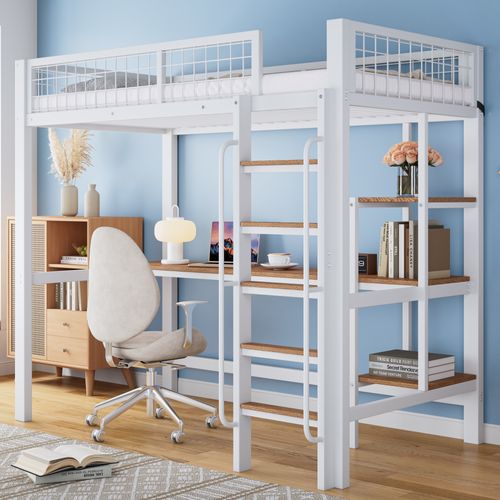 Lit Mezzanine Enfant 90x200cm, Bureau Et Étagères, Échelle à 5 Marches, Fer + Mdf, Blanc + Naturel