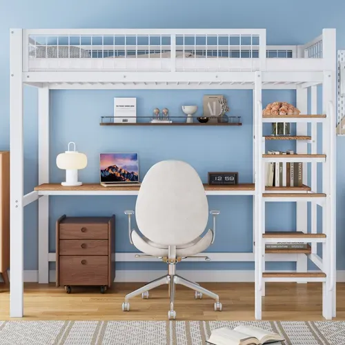 Lit Mezzanine Enfant 90x200cm, Bureau Et Étagères, Échelle à 5 Marches, Fer + Mdf, Blanc + Naturel