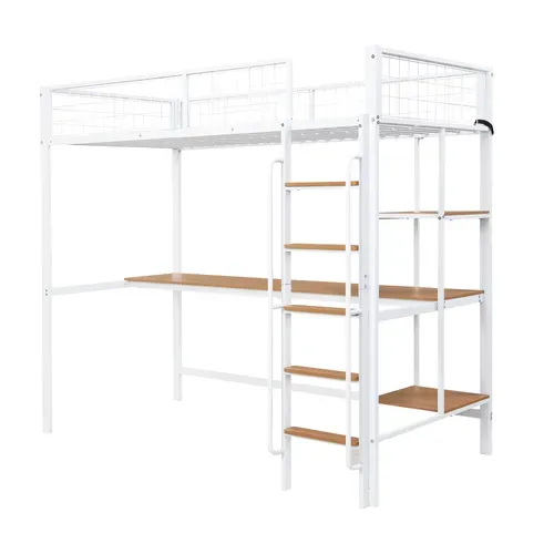 Lit Mezzanine Enfant 90x200cm, Bureau Et Étagères, Échelle à 5 Marches, Fer + Mdf, Blanc + Naturel