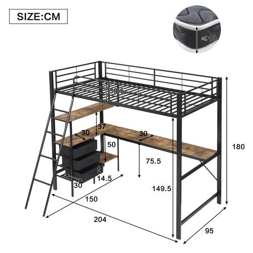 Lit Mezzanine Enfant 90x200cm, 3 Tiroirs, Bureau, Échelle, En Métal, Noir + Noyer Foncé