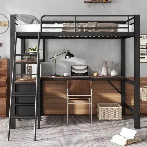 Lit Mezzanine Enfant 90x200cm, 3 Tiroirs, Bureau, Échelle, En Métal, Noir + Noyer Foncé