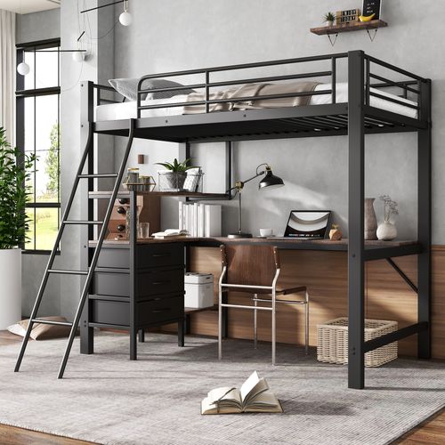 Lit Mezzanine Enfant 90x200cm, 3 Tiroirs, Bureau, Échelle, En Métal, Noir + Noyer Foncé