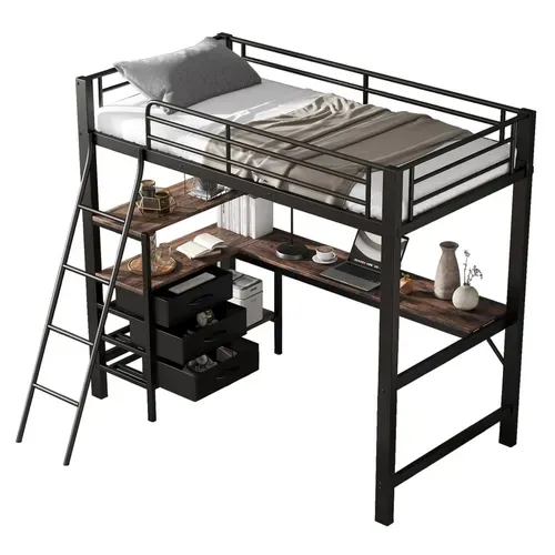 Lit Mezzanine Enfant 90x200cm, 3 Tiroirs, Bureau, Échelle, En Métal, Noir + Noyer Foncé