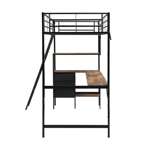 Lit Mezzanine Enfant 90x200cm, 3 Tiroirs, Bureau, Échelle, En Métal, Noir + Noyer Foncé