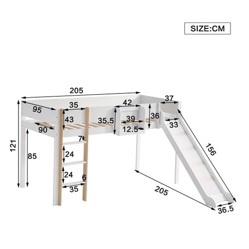 Lit Mezzanine Enfant 90x200 Cm, Échelle à 3 Marches, Toboggan, Étagère Amovible, Blanc Et Naturel