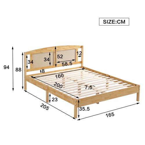 Lit Double Lit Adulte 160 X 200 Cm En Rotin, Coussin Filet En Rotin, Pieds Centraux, Naturel