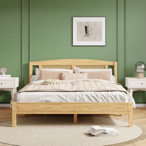 Lit Double Lit Adulte 160 X 200 Cm En Rotin, Coussin Filet En Rotin, Pieds Centraux, Naturel