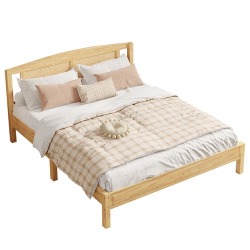 Lit Double Lit Adulte 160 X 200 Cm En Rotin, Coussin Filet En Rotin, Pieds Centraux, Naturel