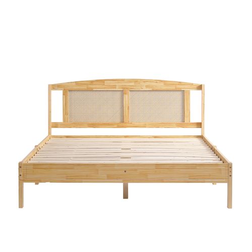 Lit Double Lit Adulte 160 X 200 Cm En Rotin, Coussin Filet En Rotin, Pieds Centraux, Naturel