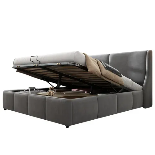 Lit Coffre Adulte 180x200 Cm Rembourré, Tête De Lit En Oreiller, Velours Gris