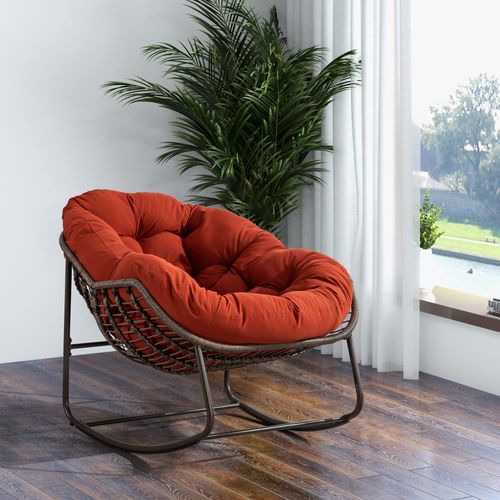 Fauteuil à Bascule D'extérieur Rotin, Coussin Rembourré En Cotton, Cadre En Ancier, Rouge + Orange