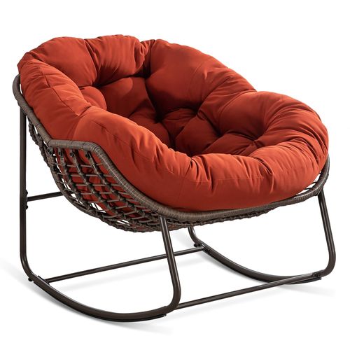 Fauteuil à Bascule D'extérieur Rotin, Coussin Rembourré En Cotton, Cadre En Ancier, Rouge + Orange