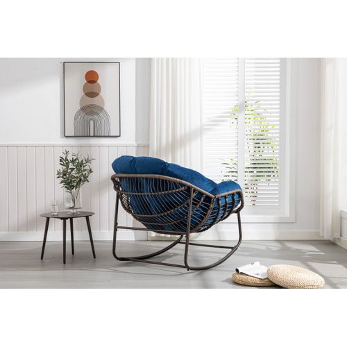 Fauteuil à Bascule D'extérieur En Rotin, Coussin Rembourré, Cadre En Ancier, Bleu Marine