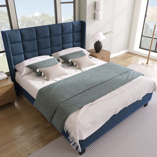 Lit Adulte 140x200 Cm Bleu Avec Sommier, Tête Rembourrée, Tissu Lin