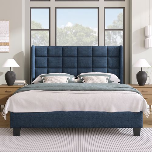 Lit Adulte 140x200 Cm Bleu Avec Sommier, Tête Rembourrée, Tissu Lin