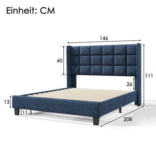 Lit Adulte 140x200 Cm Bleu Avec Sommier, Tête Rembourrée, Tissu Lin