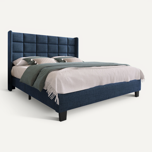 Lit Adulte 140x200 Cm Bleu Avec Sommier, Tête Rembourrée, Tissu Lin