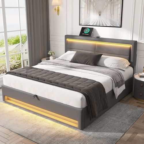 Lit Coffre Adulte 140x190 Cm Gris Avec LED, Port USB (charge Sans Fil) Et Rangement, Pu