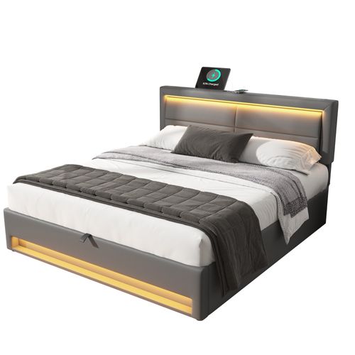 Lit Coffre Adulte 140x190 Cm Gris Avec LED, Port USB (charge Sans Fil) Et Rangement, Pu