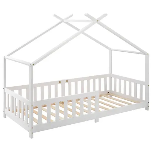 Lit Cabane Lit Enfant 90x200cm Avec Barrière Et Sommier à Lattes, Lit En Bois, Blanc