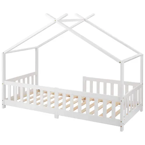 Lit Cabane Lit Enfant 90x200cm Avec Barrière Et Sommier à Lattes, Lit En Bois, Blanc