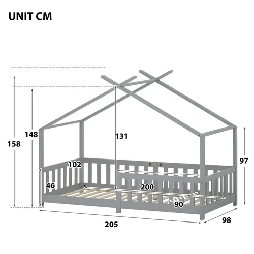 Lit Cabane Lit Enfant 90x200cm Avec Barrière Et Sommier à Lattes, Lit En Bois, Gris