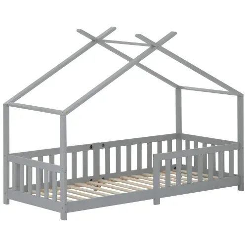 Lit Cabane Lit Enfant 90x200cm Avec Barrière Et Sommier à Lattes, Lit En Bois, Gris