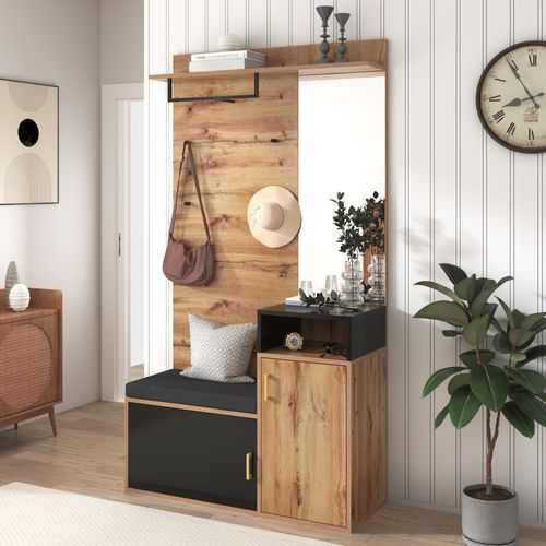 Vestiaire d'entrée - armoire à chaussures - porte manteau avec miroir - banc et patère - noir