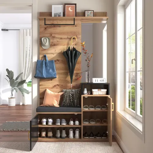 Vestiaire d'entrée - armoire à chaussures - porte manteau avec miroir - banc et patère - noir