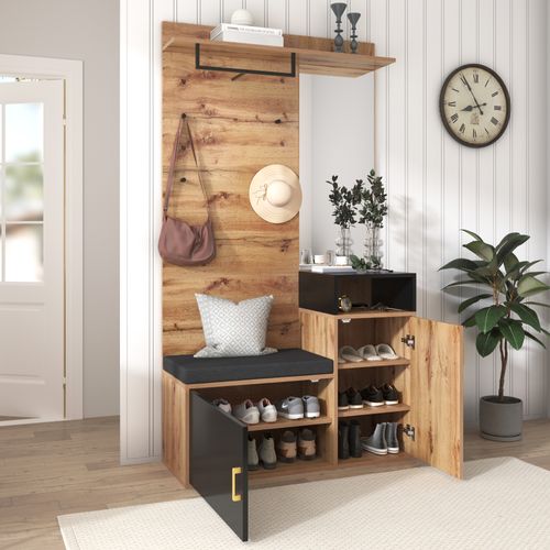 Vestiaire d'entrée - armoire à chaussures - porte manteau avec miroir - banc et patère - noir