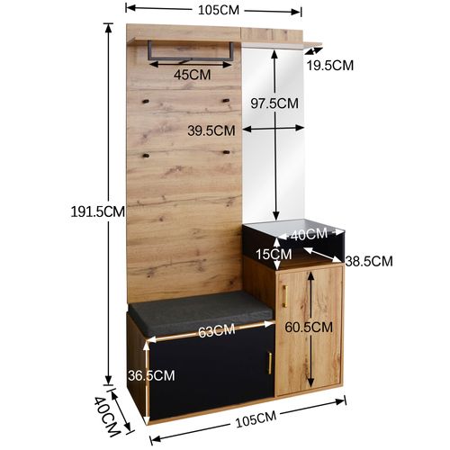 Vestiaire d'entrée - armoire à chaussures - porte manteau avec miroir - banc et patère - noir