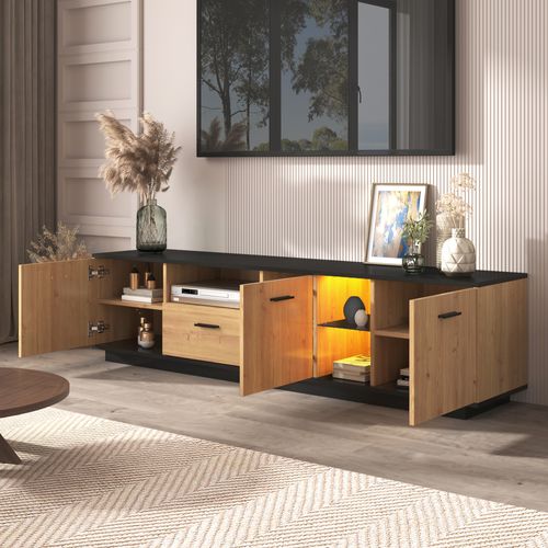 Meuble TV 180x37x45cm Avec LED, 1 Tiroir, 3 Portes, En Mdf, Noir