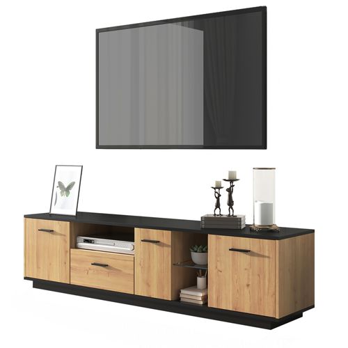 Meuble TV 180x37x45cm Avec LED, 1 Tiroir, 3 Portes, En Mdf, Noir