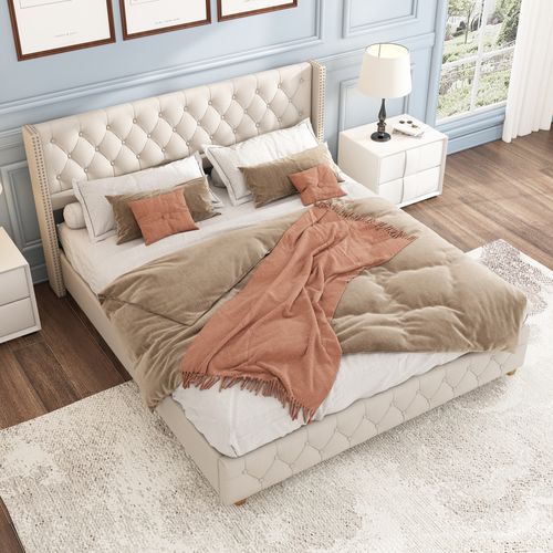 Lit Adulte 180x200 cm, Avec Sommier à Lattes Et Tête De Lit, En Lin, Beige