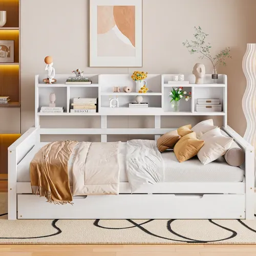 Lit Enfant 140x200 Cm Bois Blanc Avec Lit Gigogne, Rangement Et Sommier