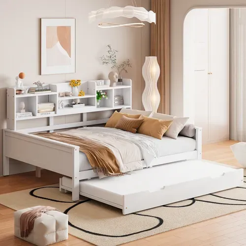 Lit Enfant 140x200 Cm Bois Blanc Avec Lit Gigogne, Rangement Et Sommier