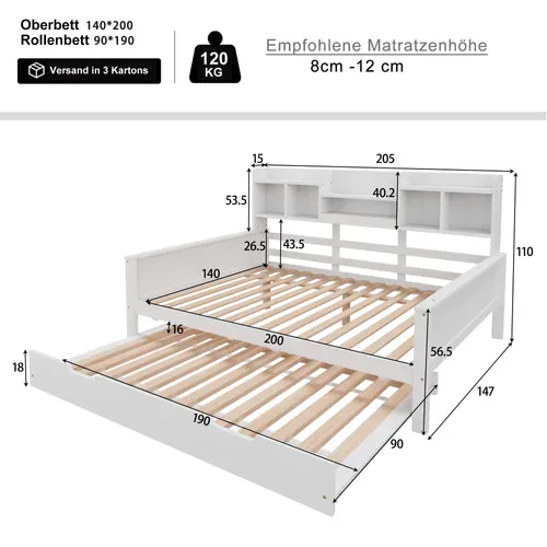 Lit Enfant 140x200 Cm Bois Blanc Avec Lit Gigogne, Rangement Et Sommier