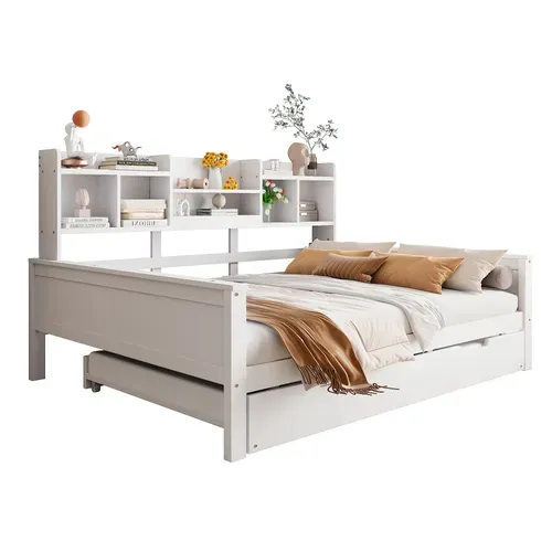 Lit Enfant 140x200 Cm Bois Blanc Avec Lit Gigogne, Rangement Et Sommier