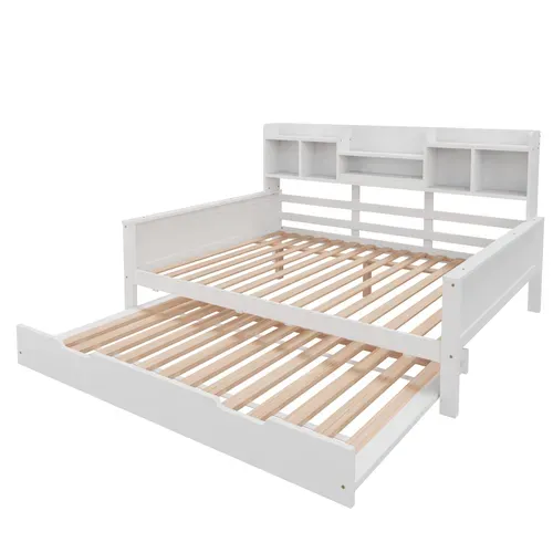 Lit Enfant 140x200 Cm Bois Blanc Avec Lit Gigogne, Rangement Et Sommier