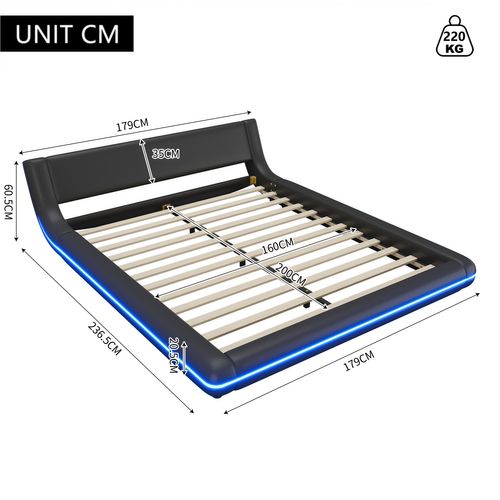 Lit Adulte 160x200 Pu Noir Avec LED, Télécommande 24 Touches, Design Moderne Au Sol