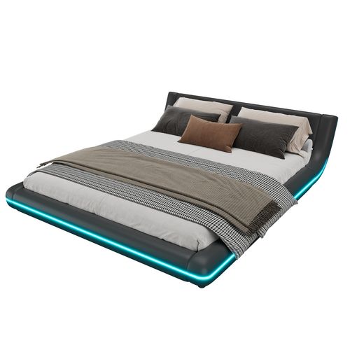 Lit Adulte 160x200 Pu Noir Avec LED, Télécommande 24 Touches, Design Moderne Au Sol